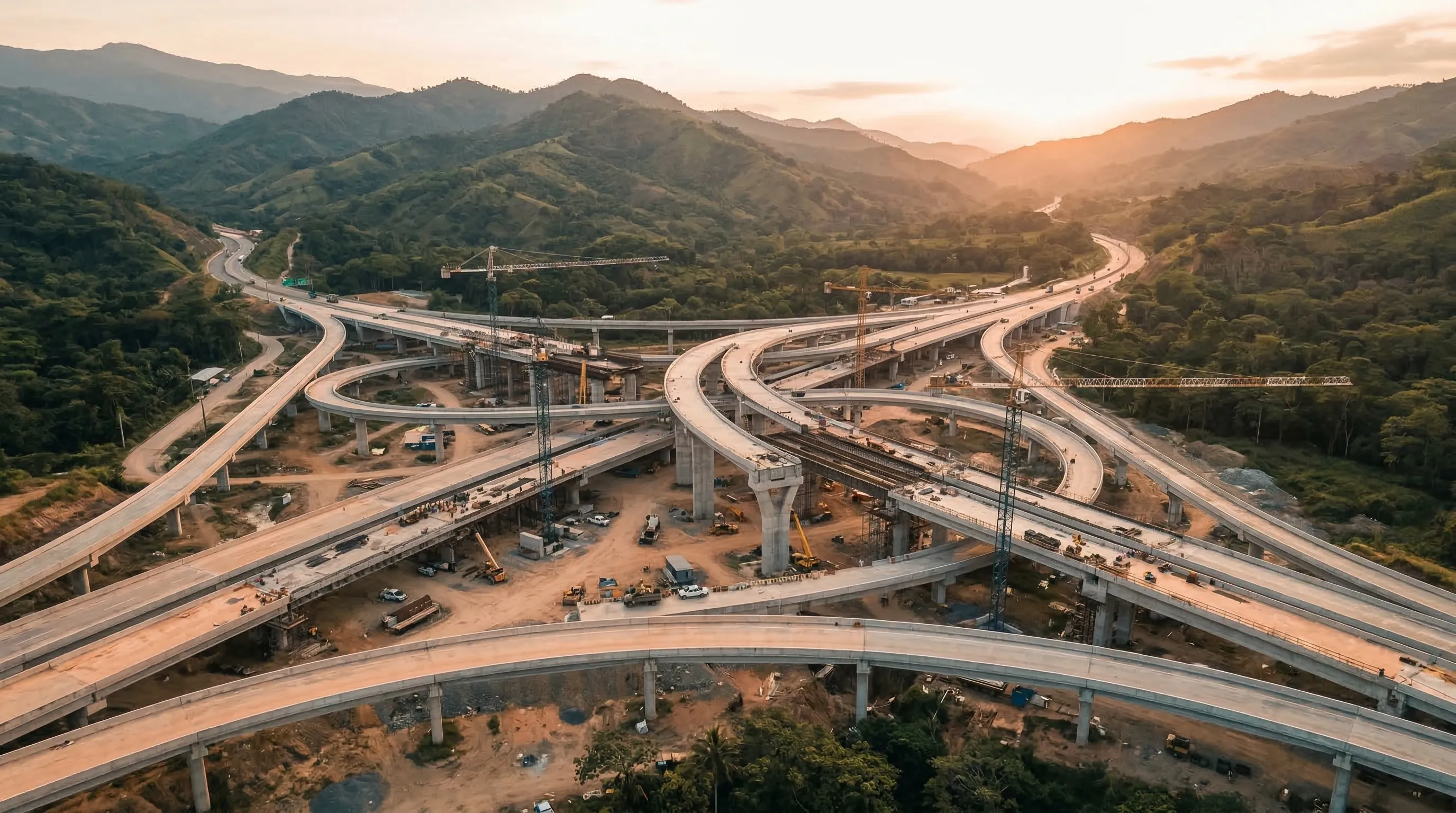 Intercambio vial de infraestructura en construcción — ejemplo del tipo de proyectos que estructuramos